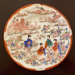 Vintage Kutani Plate with Geisha and Floral Scene
